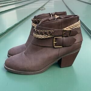Brown heeled booties double buckle & rope detail